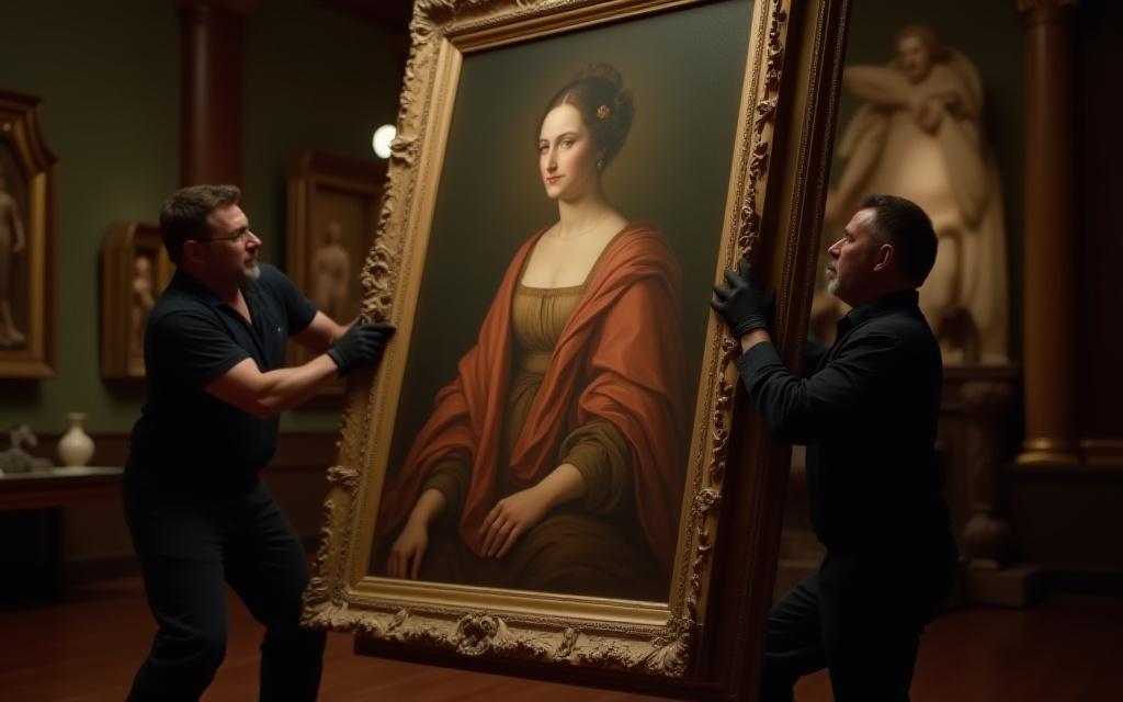 Operatori esperti che maneggiano con cura un grande dipinto antico in un museo.